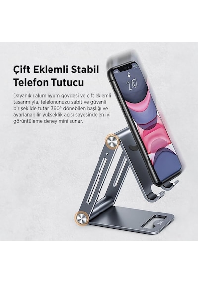 Ayrex Juo Alüminyum Katlanabilir Metal Masaüstü Telefon Tutucu Standı Uzay Grisi