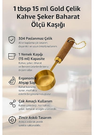 1 Tbsp 15ml Gold Çelik Kahve Şeker Baharat Ölçü Kaşığı Mt147sr