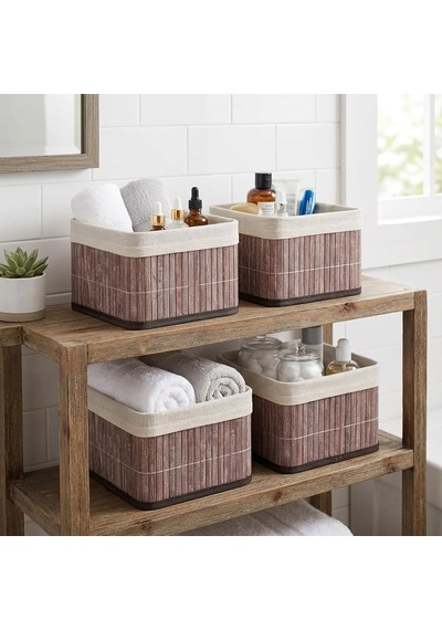 Deconox Bambu Çok Amaçlı Saklama Kutusu Düzenleyici Kare Organizer, Dekoratif Bambu Düzenleyici Gri 20x20x13cm 4 Adet Açık Bej