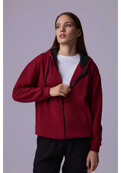 Defys Defy S Kadın Oversize Kapüşonlu Fermuarlı Cepli Sweatshirt Bordo - 527346818 Bordo