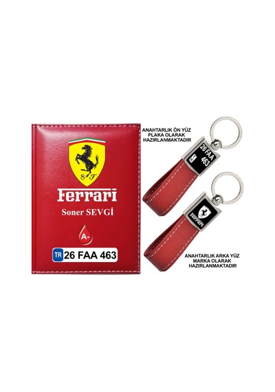 Plakanıza Özel Ferrari Logolu Kırmızı Ruhsat Kabı Ve Anahtarlık