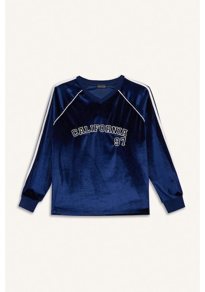 Defacto Oversize Geniş Kalıp V Yaka Baskılı Kadife Sweatshirt G3728ax25wnnv58 Lacivert-nv58