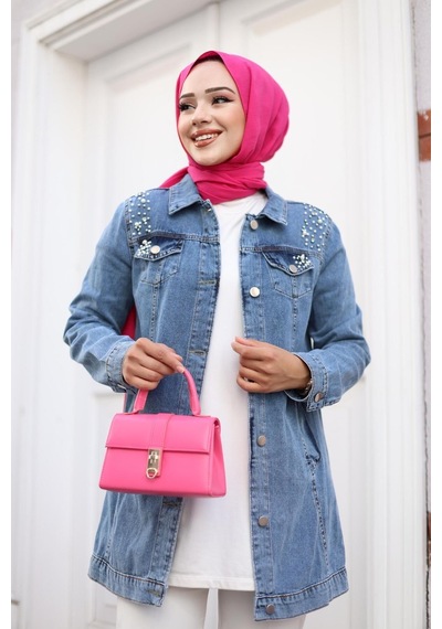 Harman Butik Kadın Boncuk İşlemeli Denim Kot Ceket Kot Mavi Kot Mavi