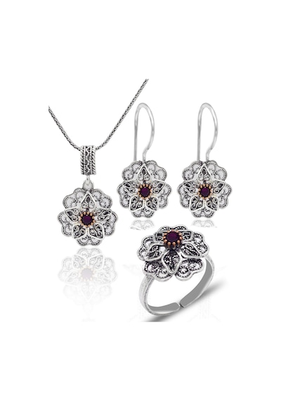 Yakut Taşlı Gül Model Oksitli 925 Ayar Gümüş Telkari Kadın Üçlü Set 201025647