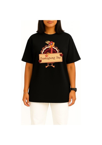 Bahriyeli Collection Oversize Şükran Günü Akşam Yemeği Göğüs Tasarımlı Unisex T-shirt Siyah