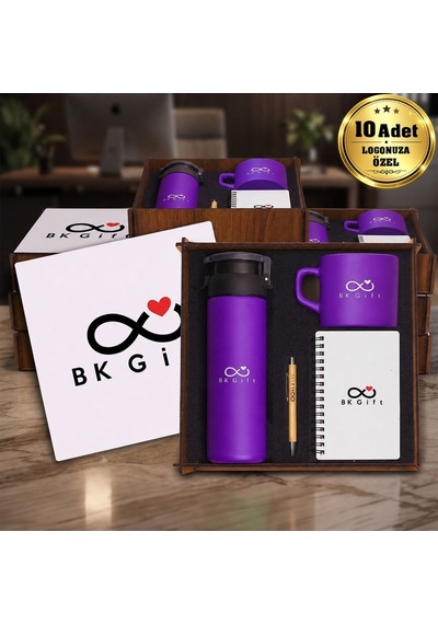 Logonuza Özel 10 Adet Ahşap Kutulu Mor Kurumsal Hediye Seti Cam Suluk, Seramik Fincan, Defter Ve Kalemli Promosyon Seti