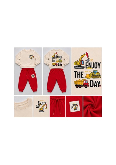 Toikids Erkek Çocuk Baskılı Sweatshırt Eşofman Takımı Kırmızı