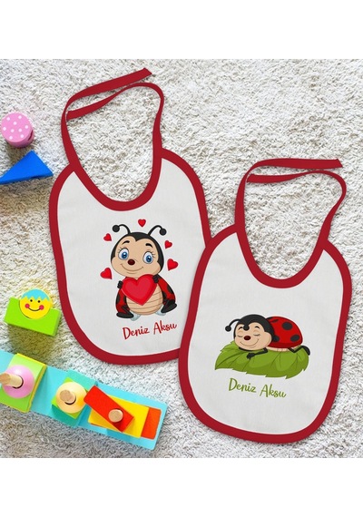 Bk Kids Kişiye Özel Uğur Böceği Tasarımlı 2 Li Kırmızı Mama Önlüğ Kırmızı