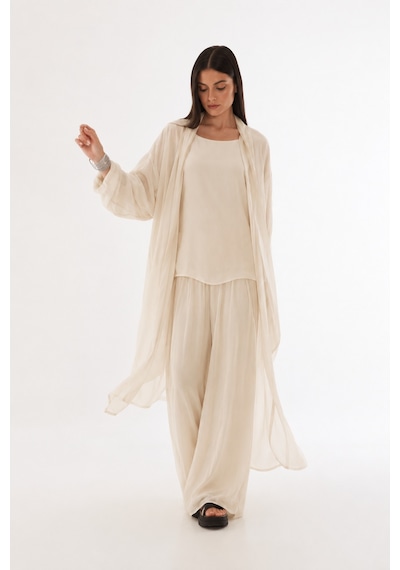 Bohem Stil Itayan Ipek Detaylı Oversize Kaftan- Pantolon Takım Krem