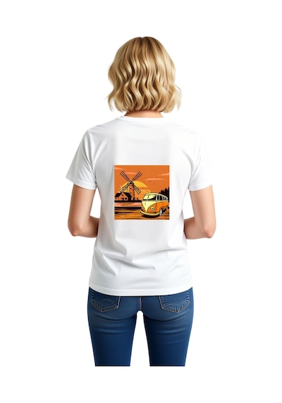 Paybuy Kadın Vintage Minibüs Sunset Manzara Baskılı Günlük Rahat Pamuk T Beyaz