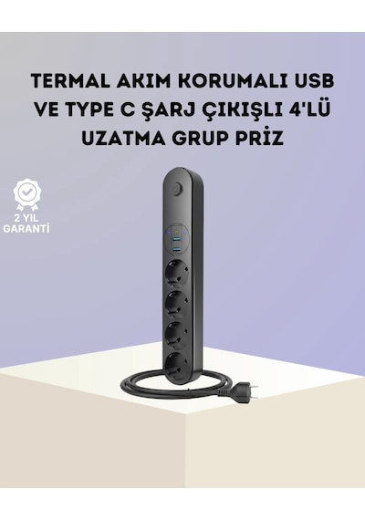 Mey İthalat Akım Korumalı Çoklu Priz 4 Lü 2 Usb 1 Type-c 2500w Güçlü Tasarım Diğer