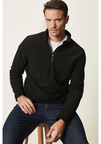 Erkek Sıyah Anti-pilling Tüylenme Yapmayan Standart Fit Dik Yaka Polar Sweatshirt Siyah