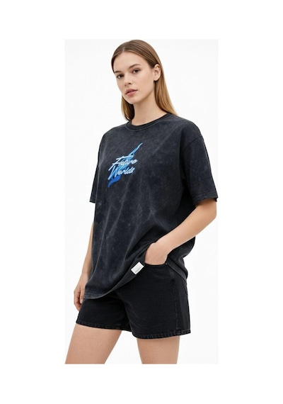 Primemagazam Kadın Asit Yıkamalı Oversize Tişört Bisiklet Yaka Kısa Kol T-shirt - Siyah Çeşitli