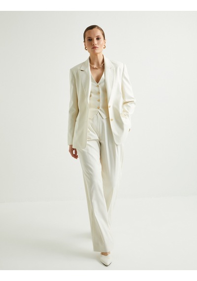 Koton Blazer Ceket Düğmeli Standart Kesim Sim Şerit Detaylı Bej Çizgili 4sak50138uw Ekru