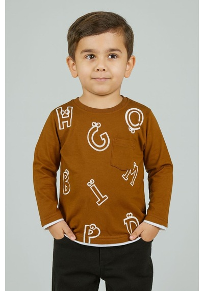 Harf Baskılı Mevsimlik Erkek Çocuk Sweatshirt-90794 Kahverengi