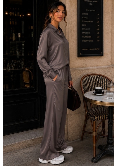 Madmext Kahverengi Saten Gömlek Pantolon Takım Mg2745