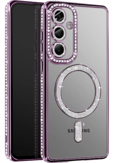 Samsung Galaxy S26 Uyumlu Kılıf Parlak Taşlı Simli M-safe Telefon Kılıfı Kapak Derin Mor