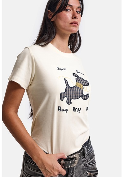 Kadın Bej Bol Kesim Köpek Nakışlı Özel Tasarım T-shirt Sarı