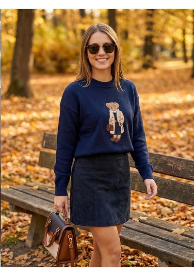 Sayzen Your Shine Bear Nakışlı Basic Kadın Kazak Sy-2521 Lacivert