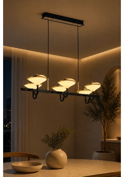 6'lı Modern Premium 3 Renkli Ledli Sarkıt Avizesi Salon Mutfak Yemek Masası Üstü Şık Modelleri 144w Bej