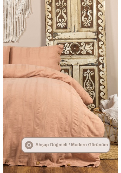 Elart Tiara Nevresim Takımı Çift Kişilik Lastikli Çarşaf %100 Pamuk Ranforce Ahşap Düğmeli 200x220 Cm Tarçın Tarçın