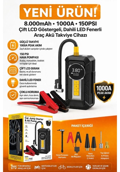 Auhma A8899 Akü Takviye Cihazı & Hava Kompresörü - 80000mah Powerbank, 150 Psı, 1000a Peak, Led Fene