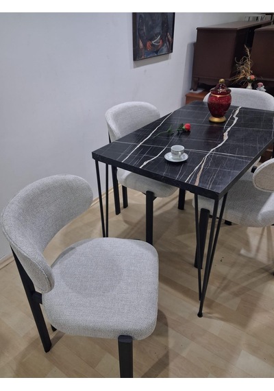 Masa Metal Ayak 90602 Sabit Siyah Mermer Desen 4 Adet Sandalye Metal Ayak Siyah