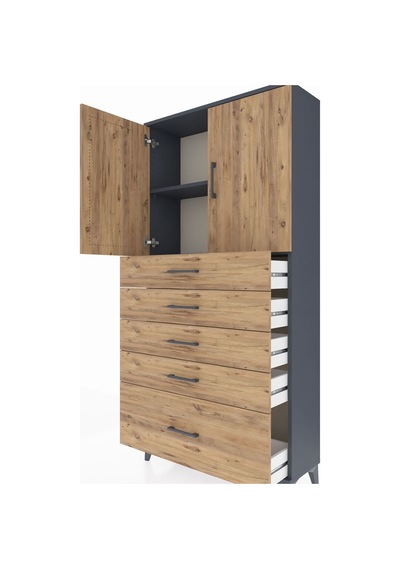 Arges Dolap 2 Raflı 5 Çekmeceli 2 Kapaklı 88x30x182 Antrasit-çam Antrasit