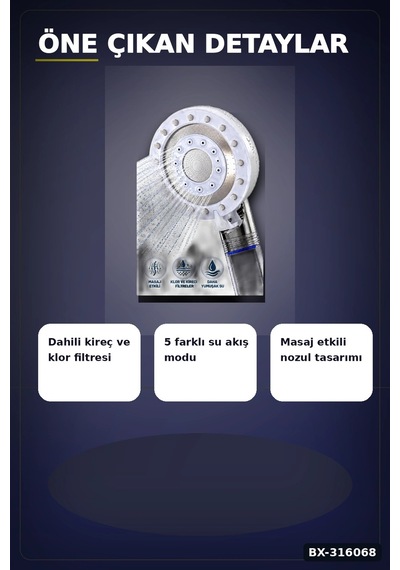 Filtreli Duş Başlığı 5 Fonksiyonlu Masaj Etkili Banyo Başlığı, Klor Kireç Filtreleme Bx-316068 Diğer