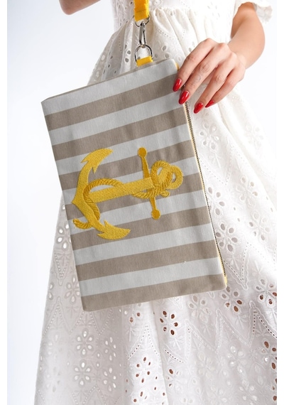 Mubiano Summer Kadın Bej/beyaz Çizgili Duck Keten Kumaş Çapa Clutch & Portföy Çanta - Msly0106-bb Bej/beyaz