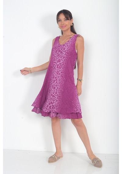 By Saygı Kadın İtalyan Cotton Leopar Desenli Astarlı Sıfır Kol Midi Elbise Mürdüm