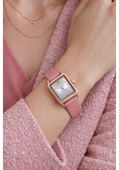 Minimal Kare Kasa Pembe Deri Kordonlu Bakır Renk Vintage Retro Zarif Şık Analog Kol Saat