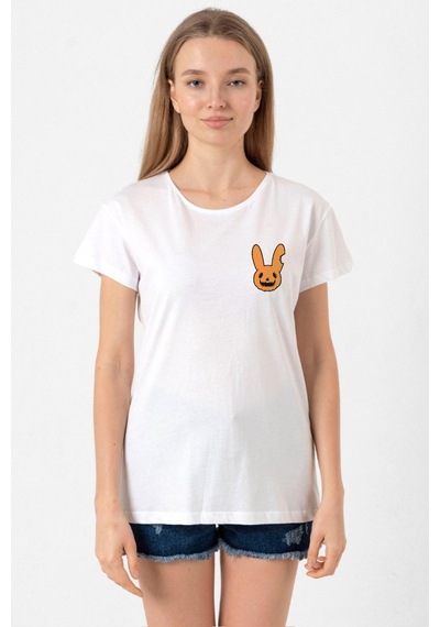 Bad Bunny Halloween Beyaz Kadın Bisikletyaka Tshirt 001