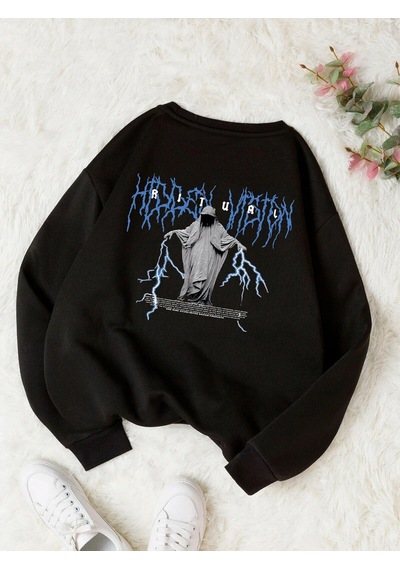 Startmore Adrift Ritual Mavi Renkli Oversize Bisiklet Yaka Pamuklu Sweatshirt Beyaz Siyah