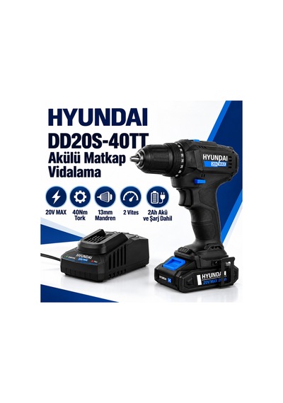 Hyundai Dd20s-40tt 20v Akülü Matkap 40nm 2 Vites Led 2.0ah + Şarj