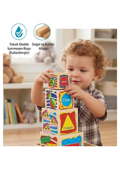 10 Parça Ahşap Eğitici Bultak Küp Oyuncak Kule Yapma Şekil Eşleştirme, Sayı Ve Blok Dizme Oyunu Montessori