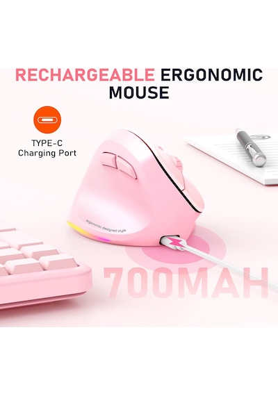 Solak Kablosuz Ergonomik Dikey Fare, Şarj Edilebilir - Pembe