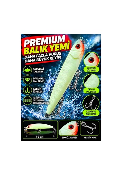 7 9 Cm At Çek Balık Biçimli Olta Ürünü Fosforlu Beyaz Kırmızı Başlı 3d Gözlü Keskin Üçlü Iğneli
