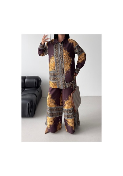 Wellway İthal Chokellaa Kumaş Çiçekli Tunik Gömlek & Pantolon 2li Takım-kahverengi -26112 Kahverengi
