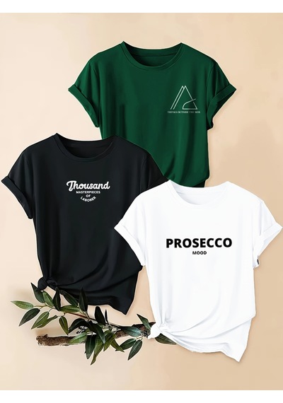 Uyguntarz Unisex Yesil Siyah Beyaz 3'lü Tasarım Tshirt Seti Çok Renkli