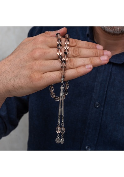 Metal Püsküllü Füme Şeffaf Sıkma Kehribar Tesbih