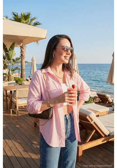 Lela Regular Fit Uzun Kollu Cepli Çizgili Bayan Gömlek 6772895 Şeker Pembe
