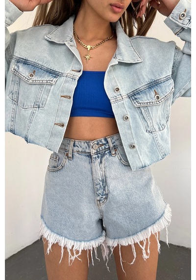 Mavi Çift Cepli Lazer Kesim Yıkamalı Crop Denim Ceket Bcdf-235408 Çok Renkli