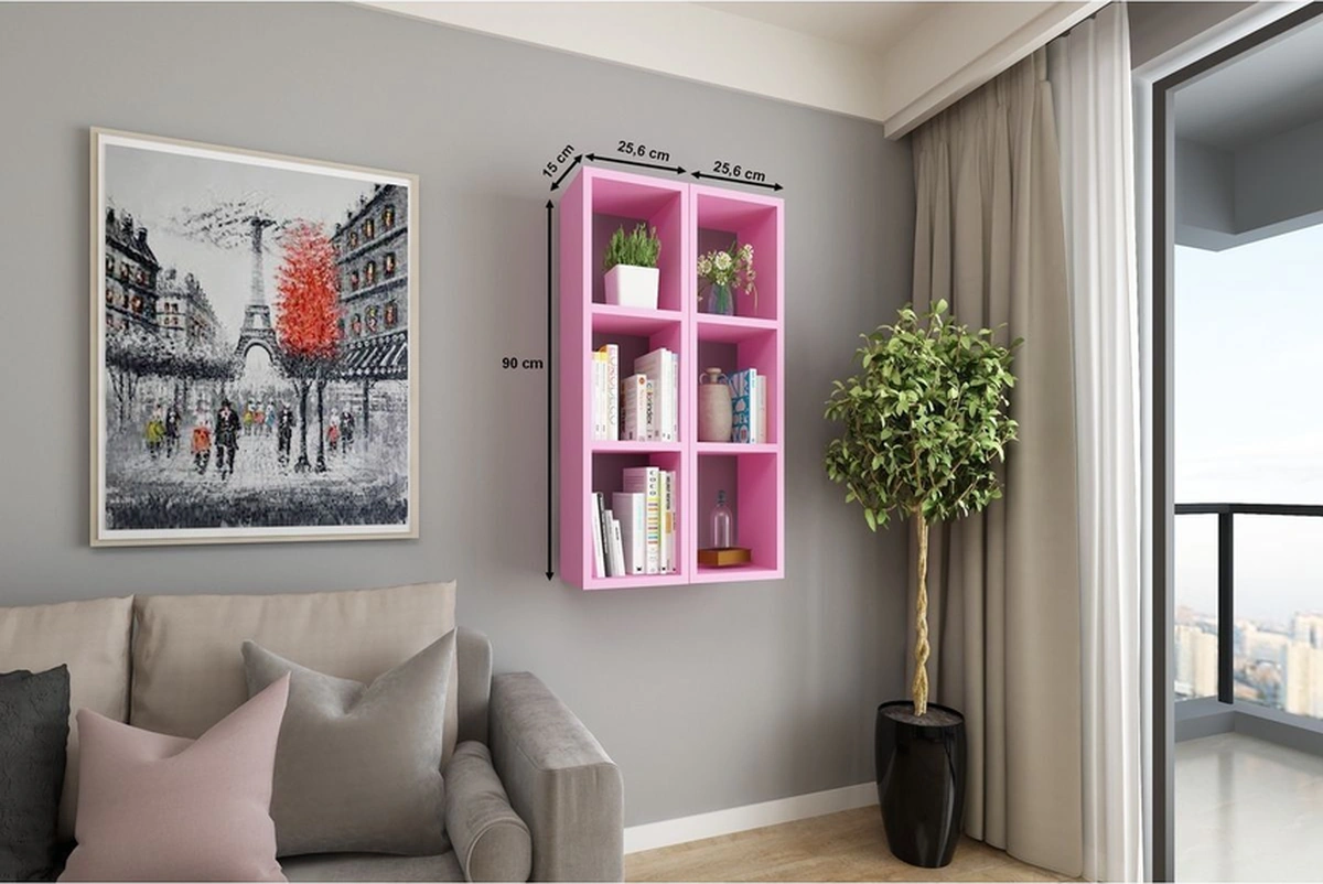 Kitaplık Oturma Odası Duvar Rafı 2 Li Birleşik Mobilya Takım Pembe
