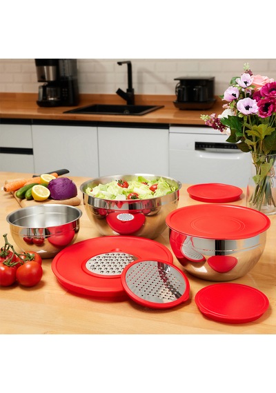 Rosso 9 Prç. Saklama Kabı Rendeli Kırmızı 24 Cm , 20 Cm , 16 Cm Paslanmaz Çelik
