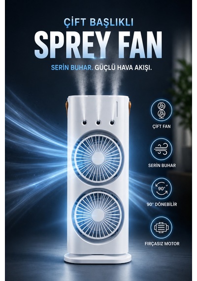Sulu Buharlı Çift Başlıklı Klima Fanı Taşınabilir Usb Şarjlı 3 Kademeli Led Işıklı, Masaüstü Fan, Taşınabilir Fan