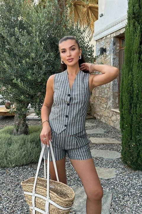 Dogutrend Carla Işıltılı Yelek Şort Takım 9821 Siyah