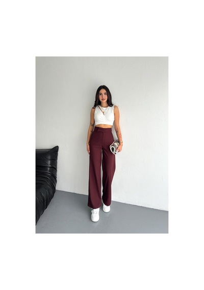 Gugus Kadın Cepsiz Dokuma Kumaş Pantolon Beli Cırtlı Bol Paça Wide Leg Model Bordo