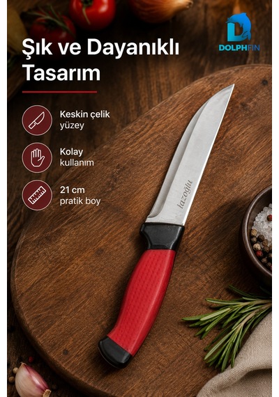 21 Cm Paslanmaz Çelik Çok Amaçlı Mutfak Bıçağı Ergonomik Saplı Kırmızı Siyah