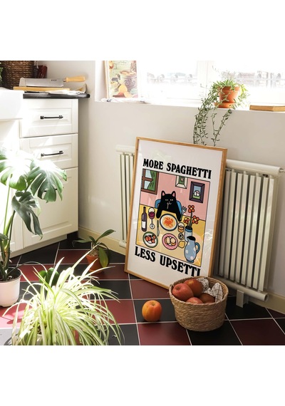Daha Fazla Spagetti Daha Az Pişmanlık Siyah Kedi Baskısı, Retro Lokanta Posteri
